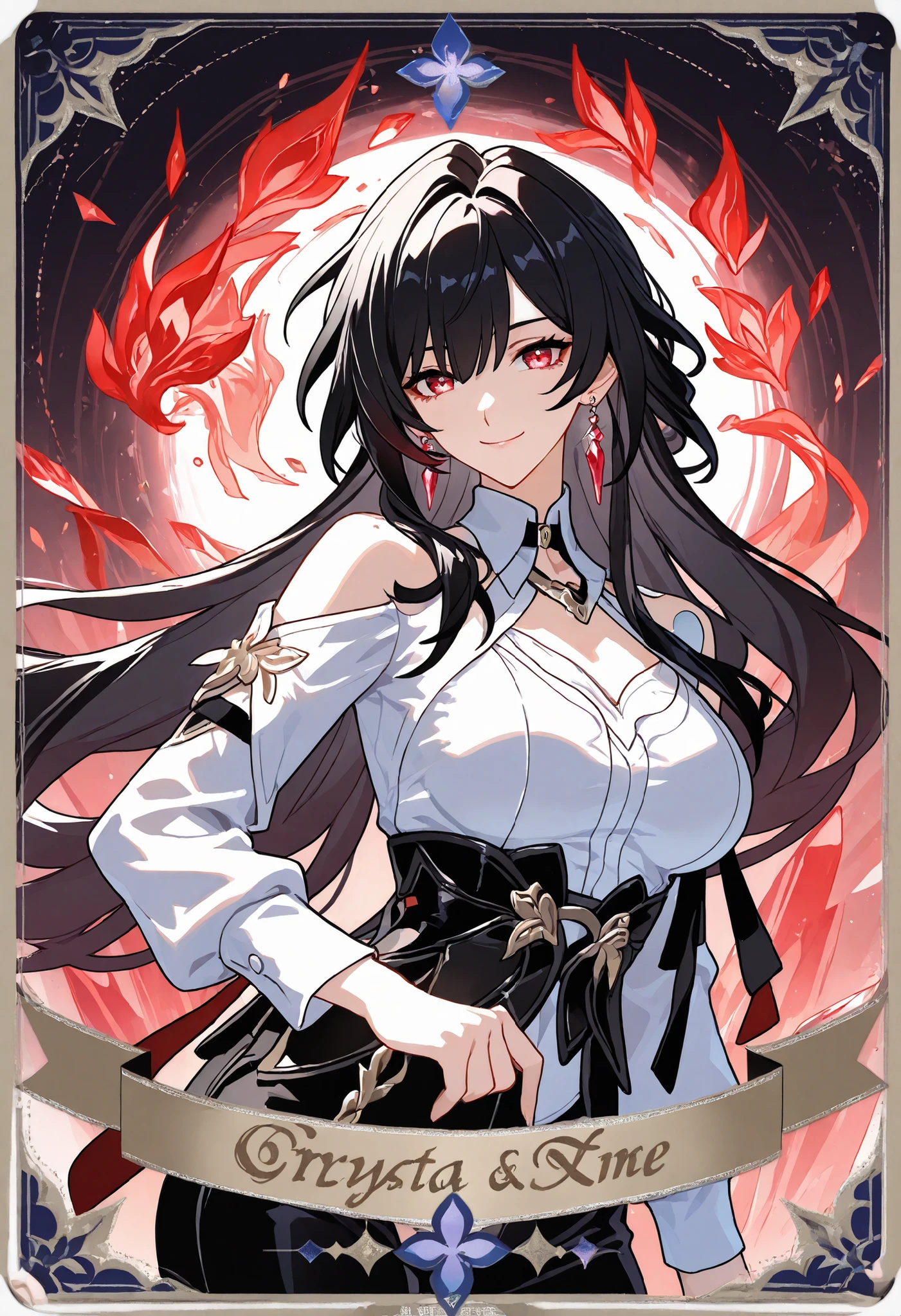 Beautiful, female, solo, long hair, black hair, red eyes, white shirt, black pants, black corset, smile facial, honkai tarot, crystal earrings