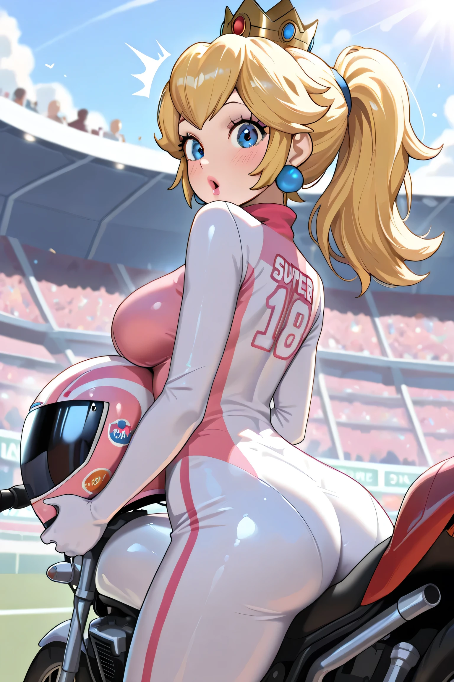 ((masterpiece)), ((best quality)), (ultra-detailed), ((extremely detailed)), (high resolution), 4k, (8k), best quality, (dynamic lighting), (super detailed, source_anime), sharp focus, more detail XL, Hyper-detailed, (1girl, solo:1.2), race track, daylight, outdoors, (princess peach, sppeach), body suit, holding bike helmet, bike, motorbike, motorcycle, from behind, from side, looking at viewer, standing, blush, surprised, crowd, ponytail,