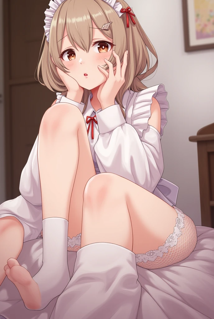 Highest quality, High resolution, masterpiece:1.2, Very detailed, woman1people、cute、blouse、Pleated skirt、Red ribbon、Small breasts、Beige hair、Very young、bed、(Pink Cardigan)、smile、Straight medium hair、White socks、((Sitting with Knees Up))、(((Skirt Lift)))、 ((spread legs))、(((White panties)))、Lace panties、Pussy line