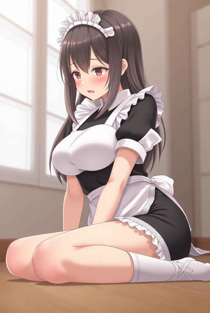 masterpiece, best quality, highres, aachizuru, long hair, one side up, maid, maid headdress, apron, black dress, skirt hold, angry, garden, squatting,open legs,spread legs,miniskirt,(((lift skirt,lace panties))),thighhighs,cleavage cutout