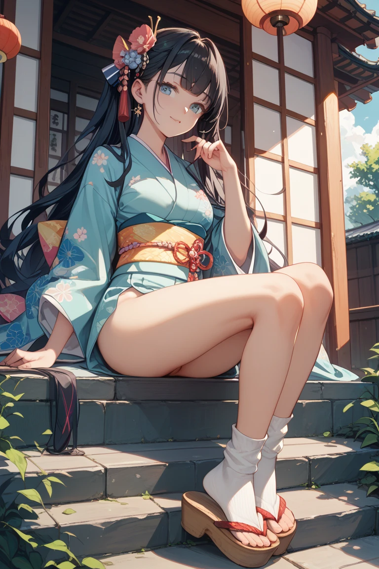 Girl wearing a short kimono, cleavage, flipping up, dynamic movement, red and black kimono, a lot of exposed skin, blushing cheeks, ribbon in ponytail, sandals on bare feet, black hair, smiling, under a blue sky, High definition, high resolution, watch the viewer,