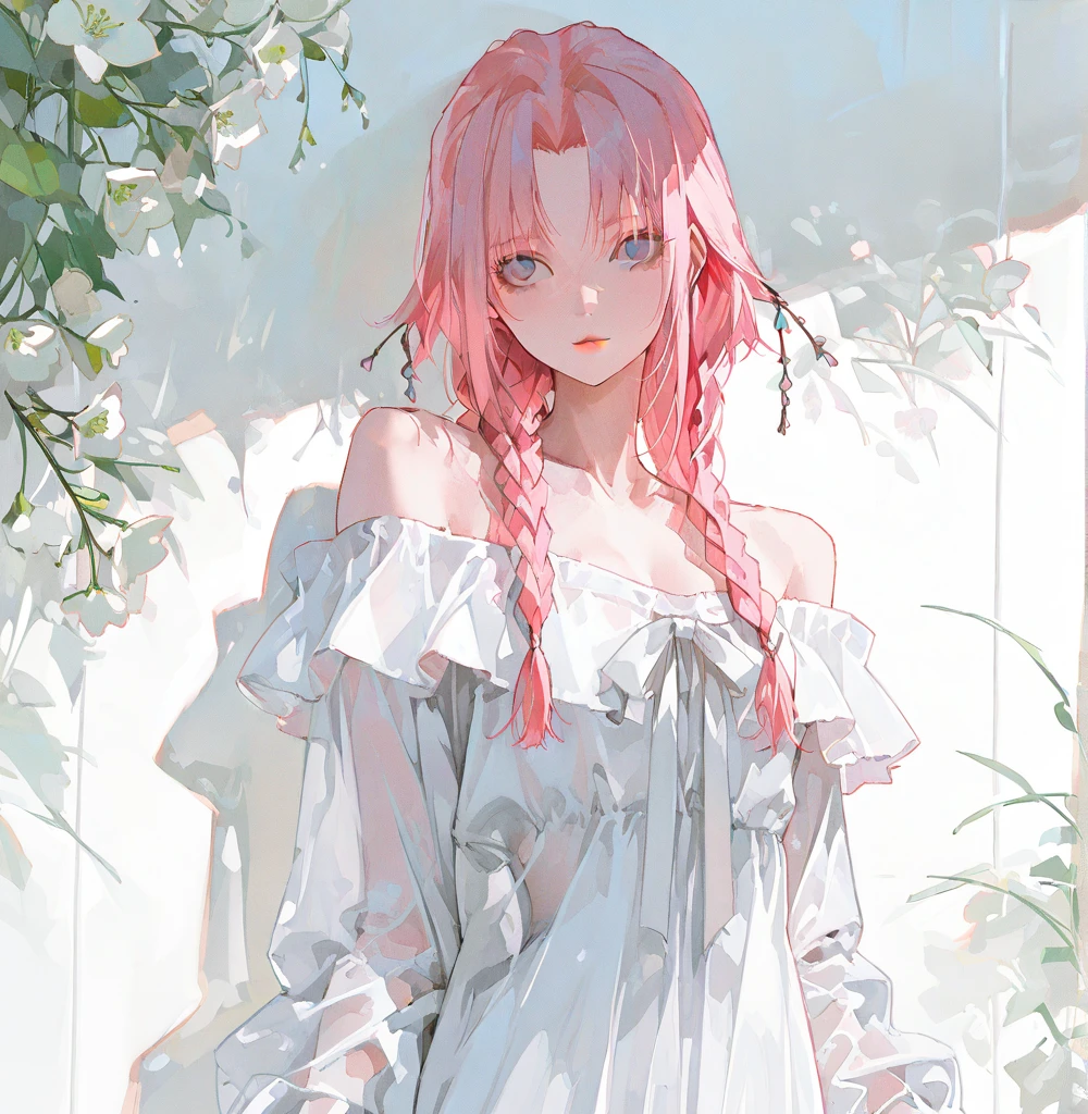 work of art, epic details, ultra detaild, best resolution, hair orange, greeneyes, Braided hair, ( Beautiful nymph ), beautiful and robust wreath of blue and pink leaves and flowers, { olhos ultra detailds }, (( rosto angelical )), sculptural body, ( peasant clothing ), (( perfect hands )), TREES, medieval scenery, medieval tavern, beautiful hairstyle with bangs