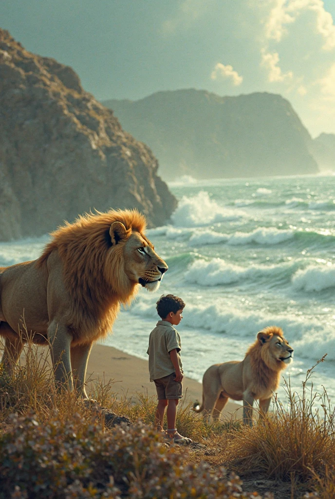 guttonerdvision5 (((a 3--old ))) wearing glasses, detailed face,playing in the middle of a family of lions with the male lion, the female lioness and the cute cubs. Scene on top of a rock, with air of fun, realistic, ultra detailed, reddish sky of the sunset.