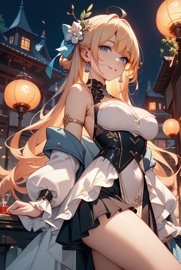 ((Best Quality, 8K, Masterpiece:1.3)), Focus: 1.2, Perfect Body Beauty: 1.4, BREAK 1girl, solo, blonde hair, little smile, blue eyes, Side ponytail, hair scrunchie, hair ornament, blue scrunchie, Swept bangs, big breasts, Extended language, shiny_skin, voluptuous body, 10 heads tall, BREAK Chinoiserie long Dress, black Midi Frill Petticoat, Ribbon Bijoux hairband, Jacquard Separate Pumps, portrait, perfect anatomy, perfect arms and hands. perfect legs and foot