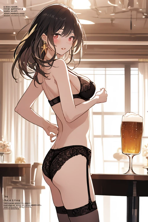 1fille, canafh, pantalon, bar\(lieu\), tenant une chope de bière au bar, regarder le spectateur, sourire, (ivre:1.5), séance, comptoir de bar, ass