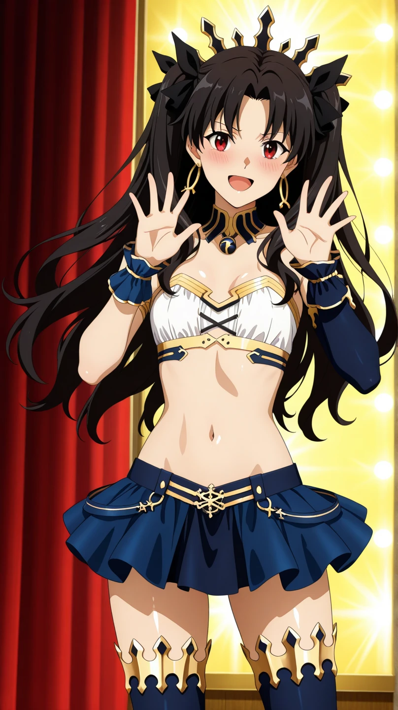 1girl, purple eyes, red eyeshadow, long hair, belly dancer, smile, blush,