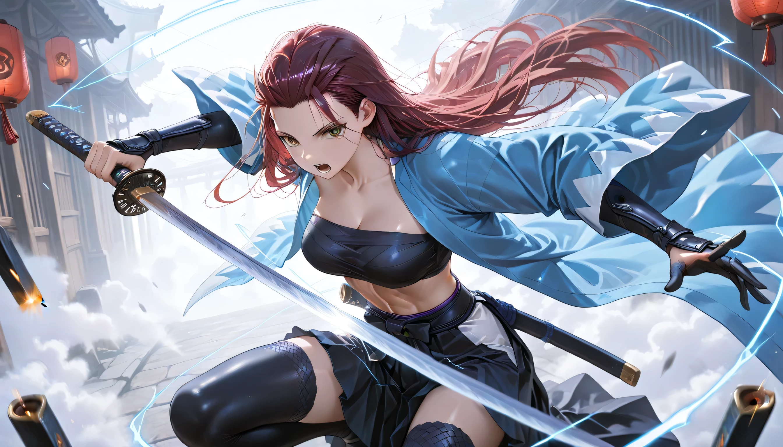 (masterpiece, best quality, ultra detailed, anime realism, 4K),
a deadly and seductive female version of Saitō Hajime performing Gatotsu thrust, inspired by Rurouni Kenshin.
She is mid-attack, in a lunging forward motion — one arm extended with a katana, stabbing straight ahead.
The **Gatotsu** technique creates a powerful shockwave — white-blue energy trails ripple from the blade, distorting the air around the sword’s path. Sparks and kinetic light burst outward from the impact zone, emphasizing the deadly speed and force.
**The perspective is from just ahead of the sword tip**, with strong foreshortening — the katana dominates the foreground, her intense gaze aligned perfectly behind it.
She wears a stylized sexy Shinsengumi uniform: open dark-blue haori with white zigzag trim, black sarashi top revealing abs, short hakama skirt, thigh-high stockings.
Her **hair is slicked back** sharply, accentuating her fierce forehead and determined, **cold golden-brown eyes**. Her mouth is neutral, focused — the expression of a lethal warrior mid-strike.
The background is a narrow Kyoto alley with red lanterns swinging, motion blur around her figure shows explosive movement. Fog and dust swirl, pushed by the speed of her thrust.
Lighting: cinematic, blue lightning glinting off the blade, shadows cast across her face, lantern light behind adds depth.
Style: anime realism, dynamic action, historical samurai fantasy.