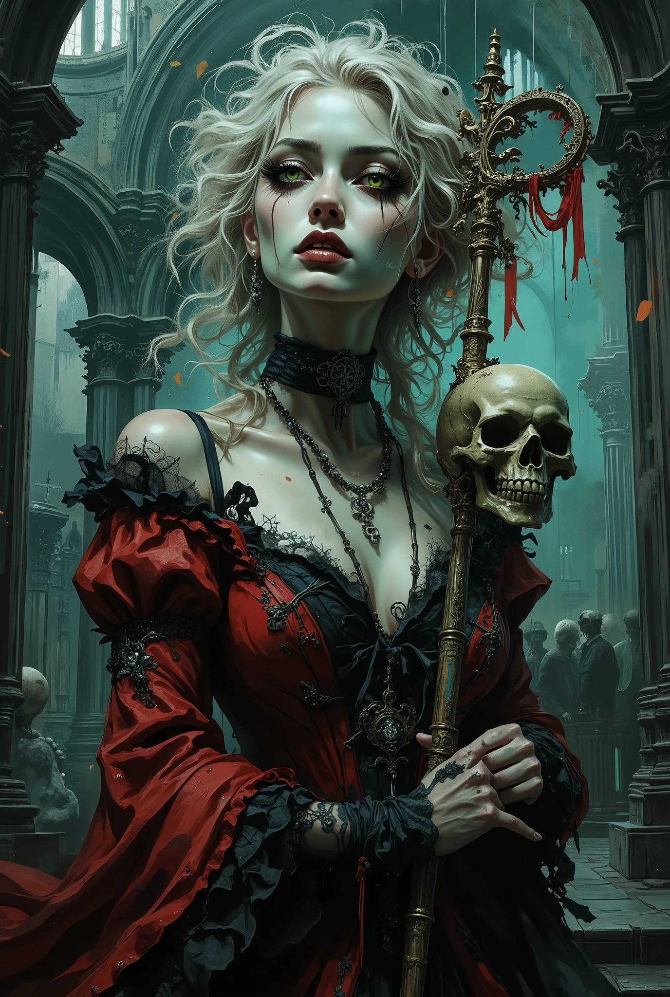 The upper body of a sexy erotic European young girl with large breasts in Gothic style, she stands half-turned in a dark Gothic cathedral, she has long curly beautiful platinum hair, pale skin and eyes of a striking greenish-yellow hue, conveying both tension and vulnerability. She smiles mysteriously. A full face with exaggerated features, caricatured in the style of kawaii. Her makeup uses rich green eye shadow, pronounced black eyeliner, false eyelashes and dark eyebrows, which gives her a mysterious charm in a kawaii style. Full and plump shiny lips that can be kissed, full lips in the style of Angelina Jolie. She wears an intricate red and black Victorian outfit with the finest lace, satin ribbons and silver jewelry, and in her hand she holds an ornate cruciform staff with skulls.In the background is a finely detailed atmospheric Gothic cathedral. Accent bluish-green lighting and Gothic architecture create a mesmerizing atmosphere. Stylized art with a touch of Gothic. Low angle. Interesting cinematic pose. The background is filled with a subdued, creepy and somewhat intrusive atmosphere, which favorably sets off the bright and sexy image of the girl. The style is reminiscent of dark fantasy illustrations and mixed media paintings, emphasizing depth and texture. Stylized digital art. High quality. The highest level of detail.