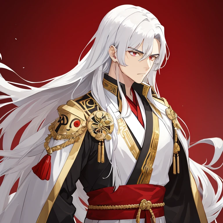 Make a man with hair as white as snow, bearded, Cao Cao, long hair tied up, eyes as yellow as honey. He has an air of seriousness, wears all-white light swordsman armor. Your skin tone is white.