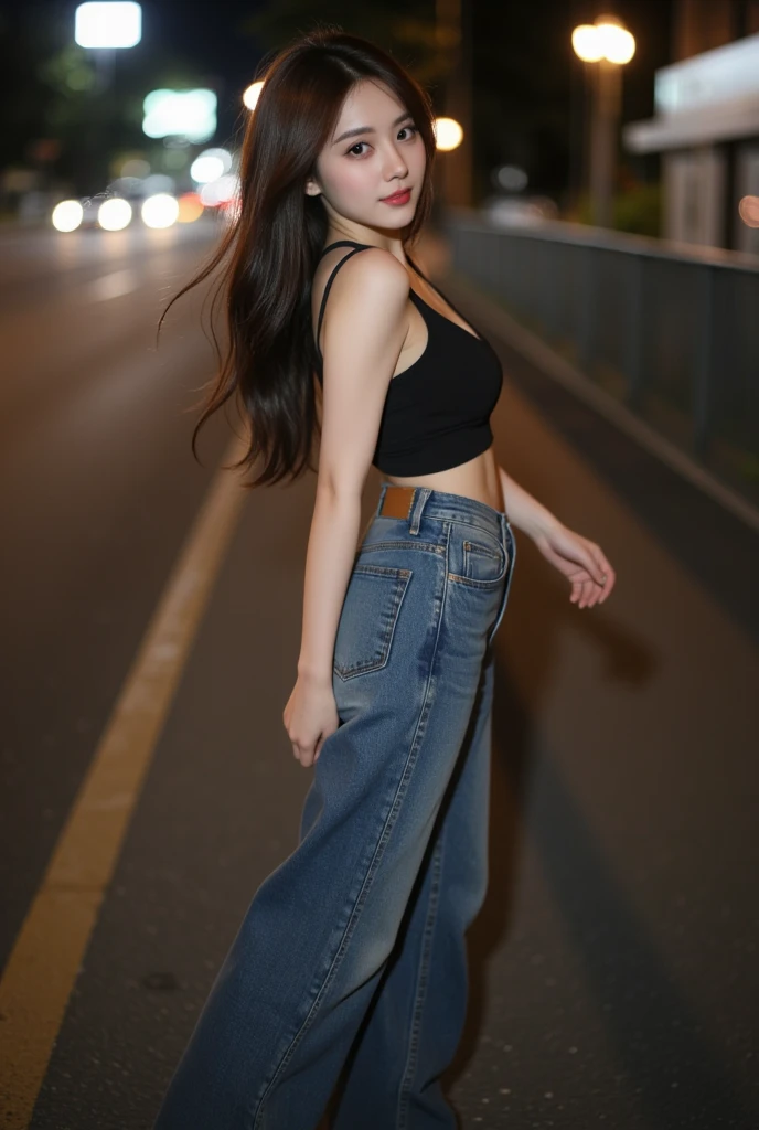 captivating photorealistic portrait,personified as a young woman with Asian features,Smooth, flawless skin with a touch of light makeup,out side in the buildings having fun,average feminine body,small sized chest,average sized body,showing a very cute smile on her face,looking relaxed and happy ,her posture relaxed and carefree,poses in front of a vibrant street art mural. She wears a formal manager's coeat and shirt with black jeans pants showcases her unique style,holding a pursue,perfect hands and fingers,lee so jin