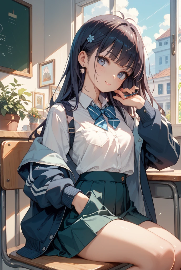 ((2D Beautiful Girl、top-quality、perfect finger 14、perfect anatomy 1.4、Very delicate and beautiful illustration))、kawaii girl、(Transformation Sequence)、((student style jacket、cardigan gun、swim wears))、ars 、a junih school sturt、a baby face、((Straight LonFine and beautiful eyes、The best smile that shows your teeth、Full body display、blue-sky、Classroom、Cute headband、Changing from school uniform to swimsuit、