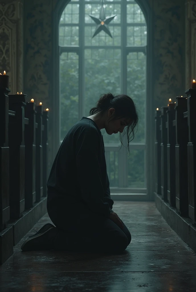 A vertical division, They are two twins, On one half a twin praying in a cemetery and on the other half the other twin but praying at the door of a church, I also want some souls to be seen in the background in the two divisions