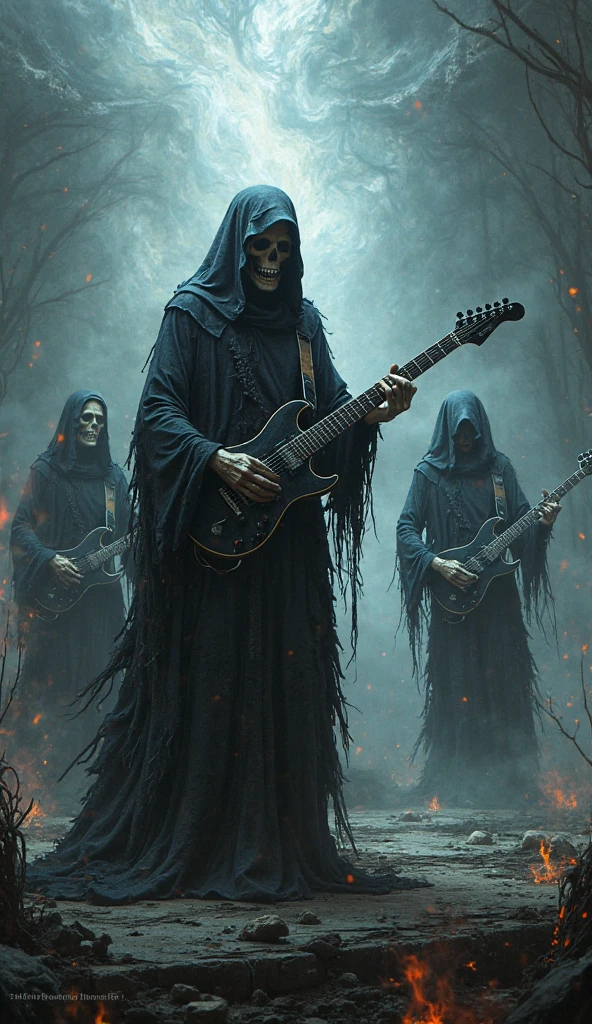 drummer, guitarist, bassist, vocalist dressed as death playing in the forest night flames