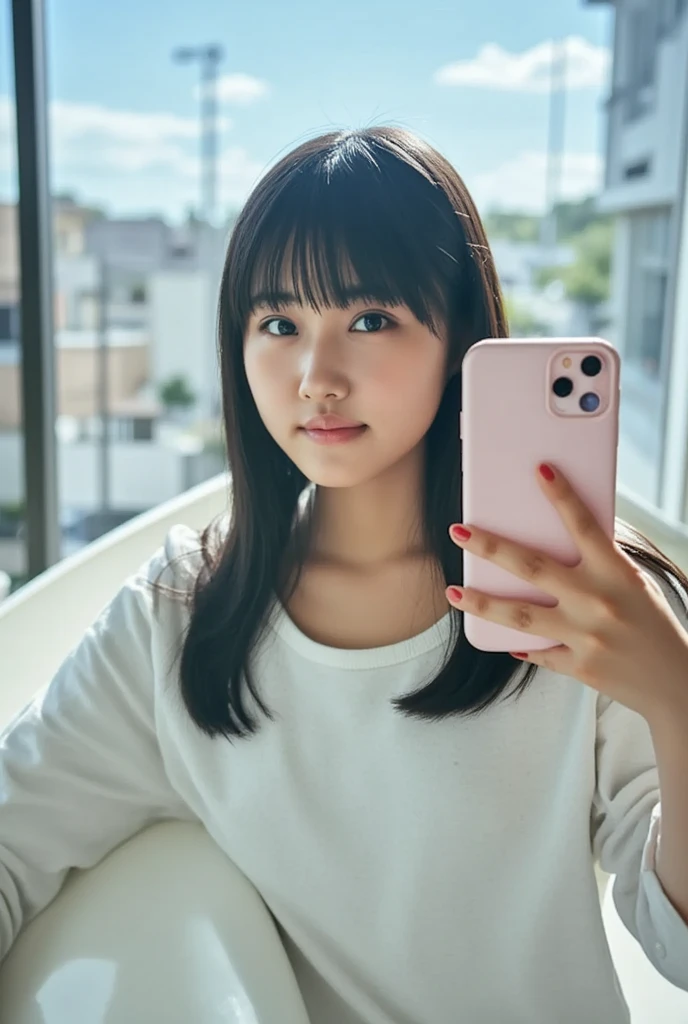 Best quality, 8k, ,Masterpiece :1.3)), facing viewer,((full body1.2)) ,pretty woman, wide shot ,1girl, , selfie , , Hair salon, brown hair , bangs,ultra-detailed face, highly detailed lips, detailed eyes, double eyelid