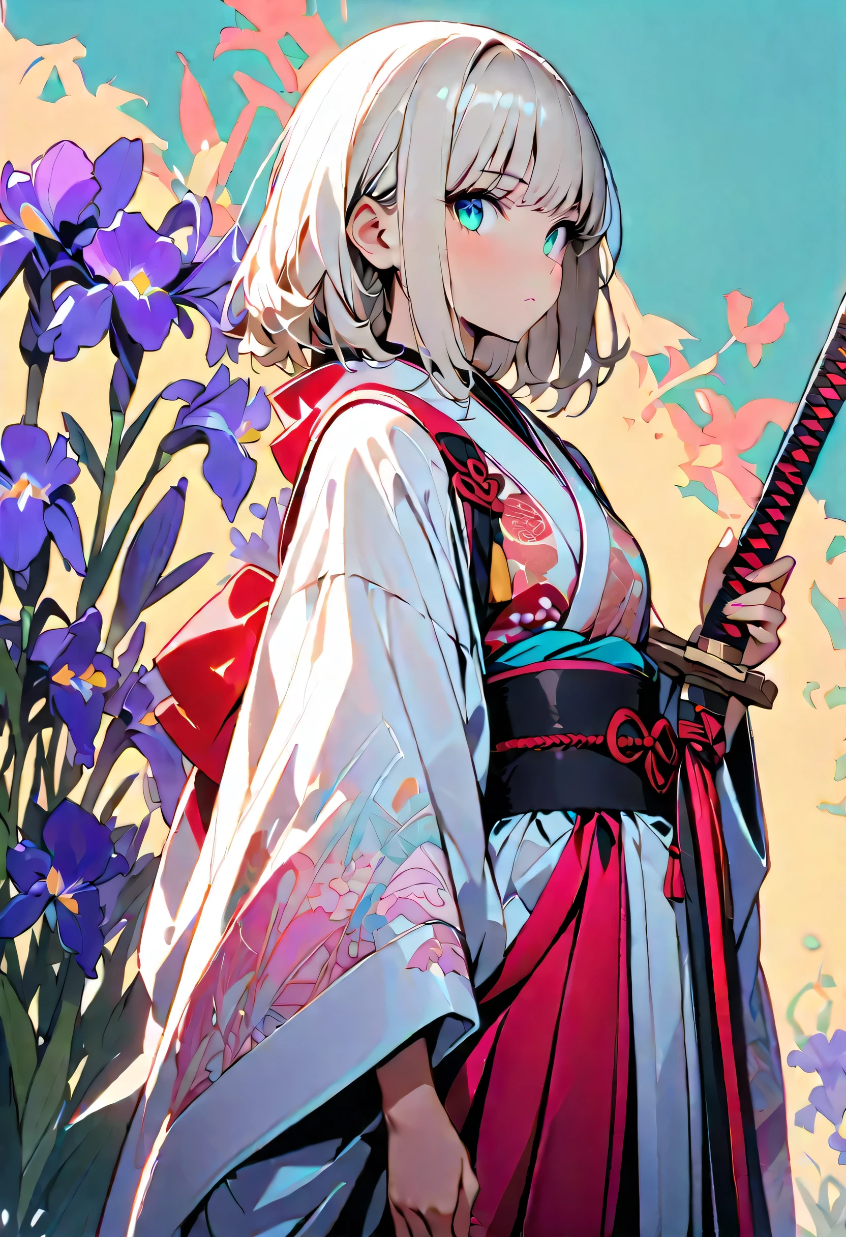 {最Low quality, Low quality}, zoom layer, vivid and colorful illustration of a white-haired female samurai character, She holds a Japanese sword right in front of her, She holds a Japanese sword with both hands, ((perfect hand in h:1.2)), She wears a traditional Japanese costume decorated with iris flowers, ((Beautiful iris background)), The background creates a dreamy atmosphere, 、Bold colors and intricate designs enhance the overall visual appeal, This work deepens the character's presence , ((Draw your sword)), rear view, masterpiece, Highest Quality, Super Details, very detailed,