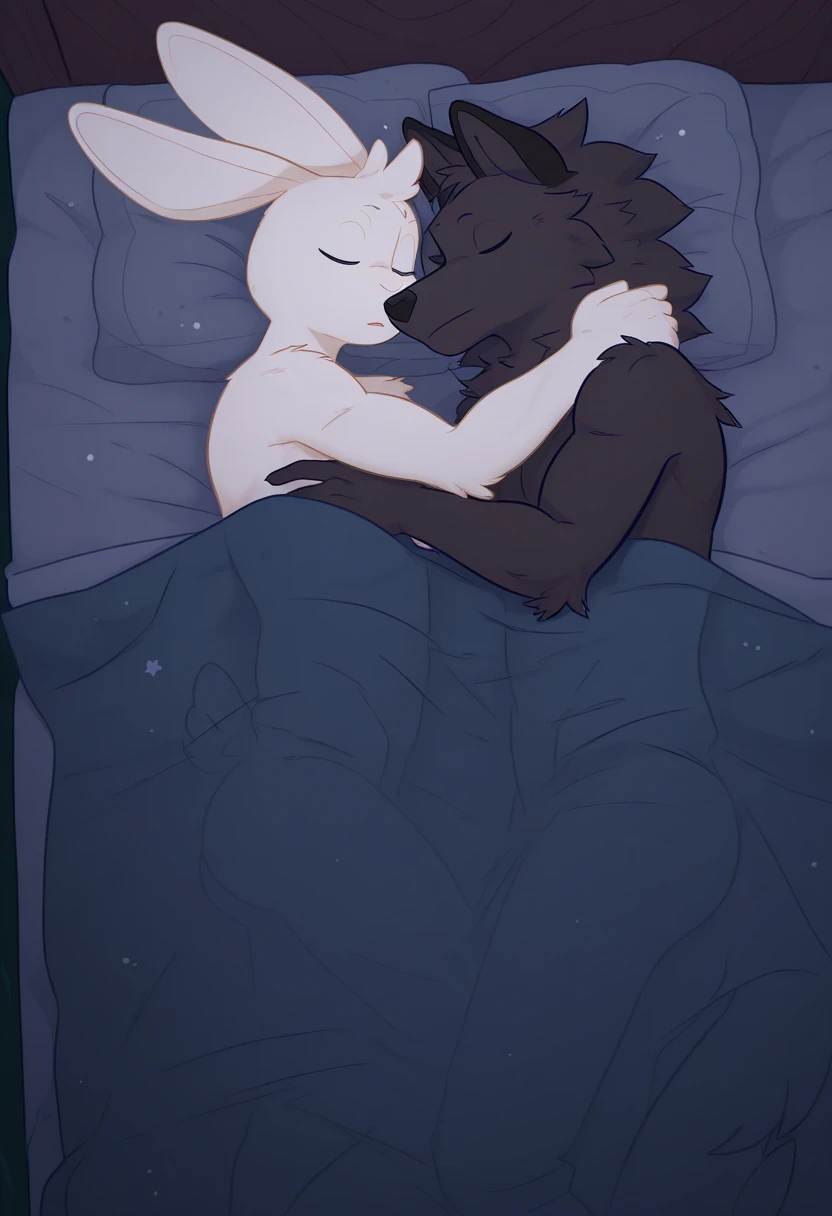 (Furry、A black rabbit boy and a white rabbit boy wearing nightcaps)、In bed in pajamas、Snowstorm night seen from the window、Dark room with fireplace、wooden、((sex))