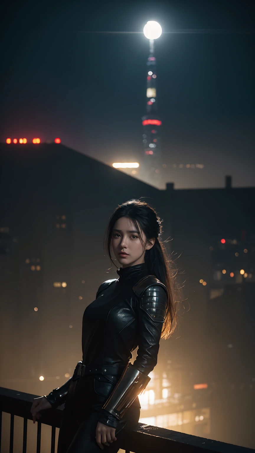 Best image quality, Excellent details, Ultra-high resolution, (realism: 1.4), Best illustrations, Favorite Details, Very condensed one girl, Delicate and beautiful features, She was wearing a very tight black cyber leotard., Silver Hair、No underwear, The background is a futuristic city high tech lighting scene.