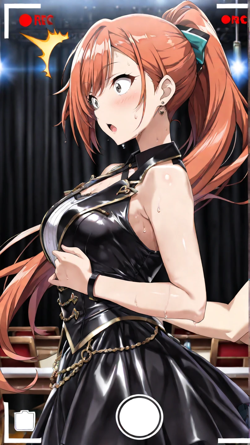 La mejor calidad, Erza, 1girl, solamente, largo_cabello, senos, Looking_en_espectador, inexpresivo, big size ass_senos, brown_ojos, escote, 鎖骨, rojo_cabello, cabello_sobre_Uno_ojo, trono, alta calidad, bailar, Dancer, Ropa de baile, barriga, stomach, Bedlah, Cara perfecta,ojos expresivos, black eyes , big breasts, armpits