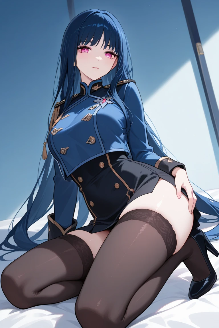 ((最高品質)), ((傑作)), (詳しい), 完璧な顔,1girl,masterpiece,best quality, from front,front face,Voluptuous,Chubby,thicc,Leggy,Tall,Statuesque,hanging breasts, 1 grandma,squatting,spread legs,arms behind back,looking at viewer, panties under pantyhose, thin thong,military uniform, white clothes, gloves, lieutenant officer, intricate pattern clothes,nimi skirt,blue hair,high heels,