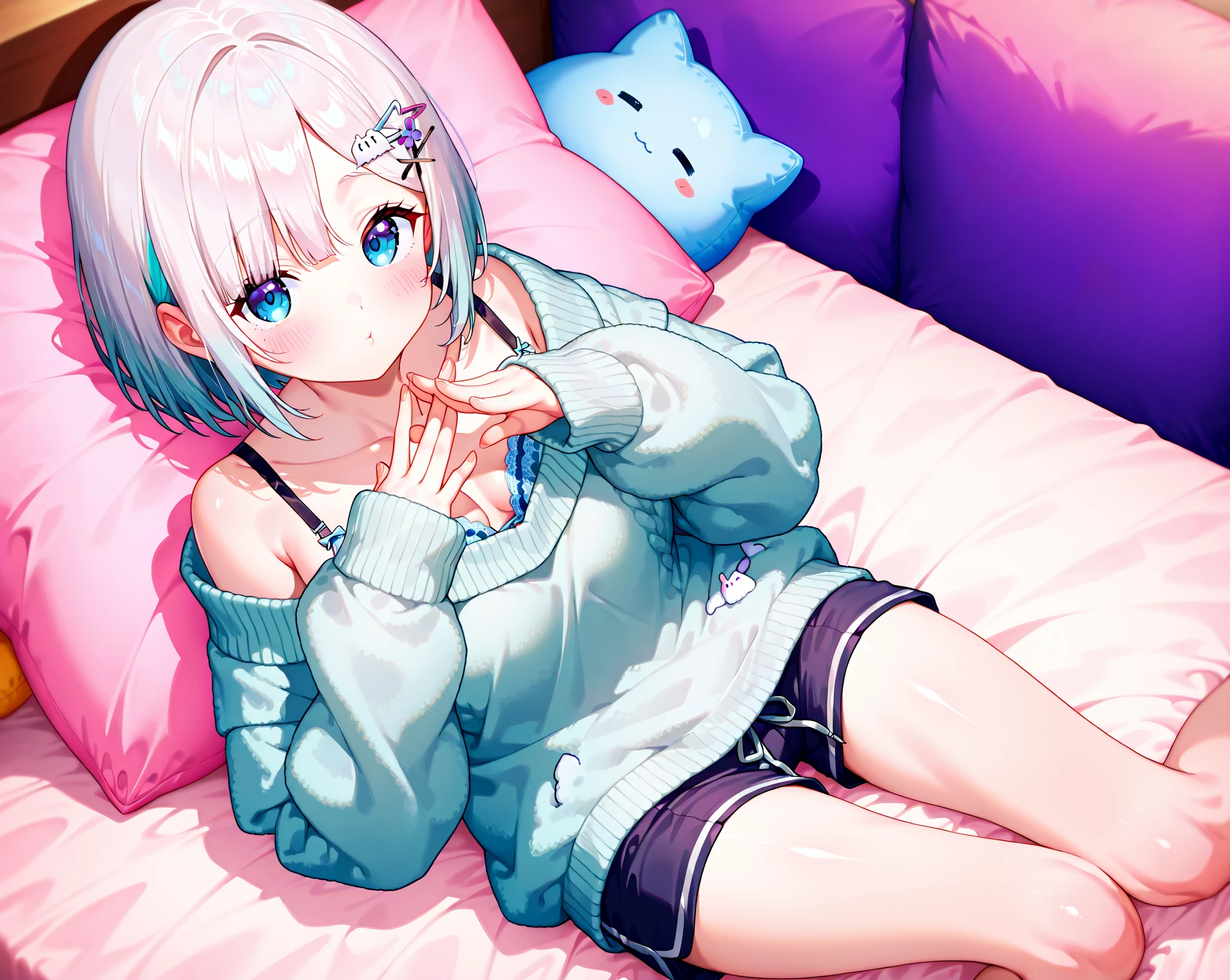 1loli，full bodyesbian，leisure wear，Fleshy legs，white stockings，Lie down in bed，Cute white background, （Speaking heart：1.4）