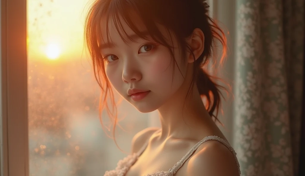 raw photo, 1young girl, kawaii, brown eyes, unique, individual, distinctive face, extremely detailed eye and face, fair skin, lace cute bra, beautiful breasts, upper body, (Best Quality, highly detailed:1.2) High-definition raw color photos, professional photograpy, Realistic portrait, sunset shining through the window, breathtaking beauty,