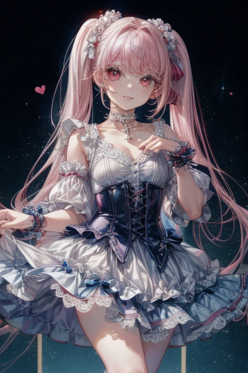 ahoge, bow, Dress,Garter, Hair Bow, hat, holding, looking at the viewer, magical girl, open mouth, ?????, ????? shot, Pink background, Pink Dress, blue eyes, Smile, 独奏, striped, striped panties, thights, ?????????, White rosehips, Yellow bow