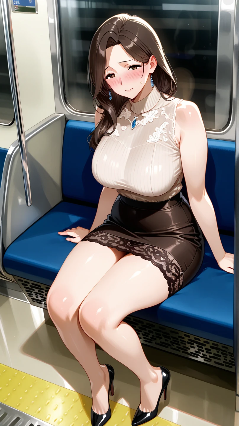 ((Highest quality)), ((masterpiece)), (detailed), One girl,(Knee-high),whole body,Big Breasts,Underboob,Black knit,Knit dress,22-year-old woman,valley,((slouch)),(Naughty expression),short hair,(Loose perm),((Excited look)),Browsing Caution,NSWF,on the train,(An inviting look),(Sticking out her tongue cutely)