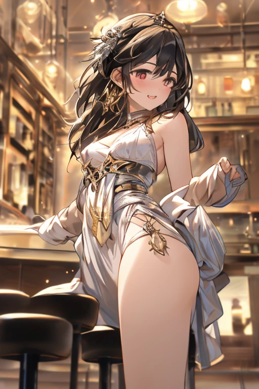 Tavern dancer, wide hips, thick thighs, slim, fit and toned, medium breast, revealing dress, harem dancer, (pelvic veil) ,(see through pelvic veil) , string panty, huge cleavage, ( jewelry) , long black hair, straight hair, brown eyes, naughty face, seductive smirk, (open wavy hair hairstyle) , solo, 1girl , (Indian style) , (mature face) , seductive smile, smirk, seductive face, (anklets), (bangles), (gold necklace), (vibrant multi colored dress) , ( golden embroidery on dress)
(Dancing in medieval tavern house/inn) , (blurry background),
(transparent veil) , (indian character) , (indian girl), (multi colored dress) , (sexy dancing)