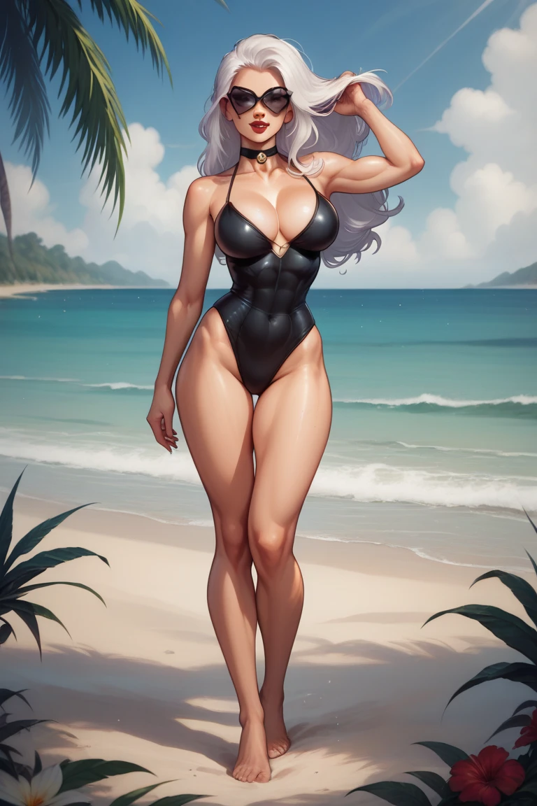A young silver haired woman with green eyes with an hourglass figure in a gothic one piece swimsuit is walking on the beach with a lacy umbrella