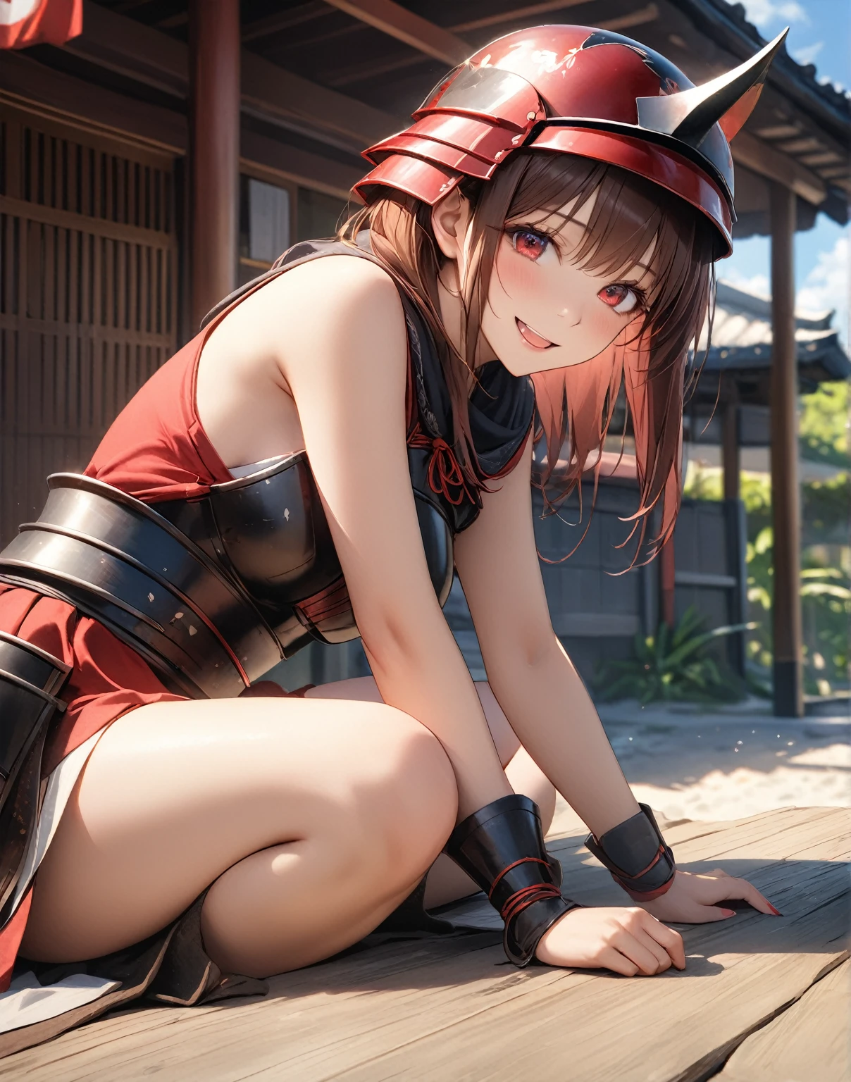 A Female robot loves herself. she wears nothing. Her Brown very short pigtails is tied with two big red clothespins, matureoid, blue eyes, full body, Height: 160cm, flushed cheeks, sweat bucket. full body shot, looking straight. Her smile is complete.show White pantie, Look the audience, kissing to the audience.