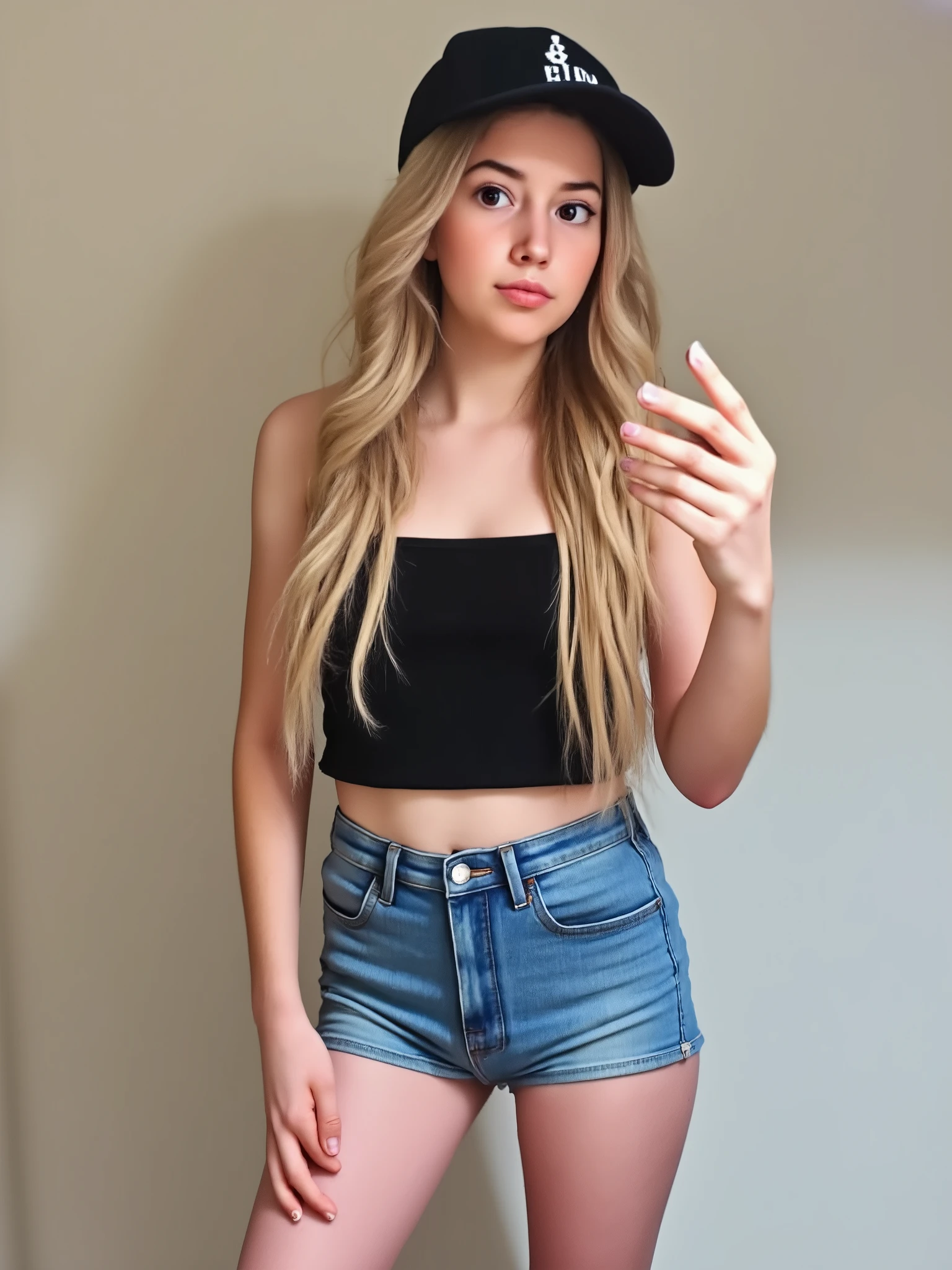 realistic photograph of ailattsf dressed as an adorable petite european girl wearing skinny jeans and a cute top, skinny body, pale skin,slender neck, freckles, wavey blonde hair, dainty girly hands, nail polish, slender legs, dainty girly feet, barefoot