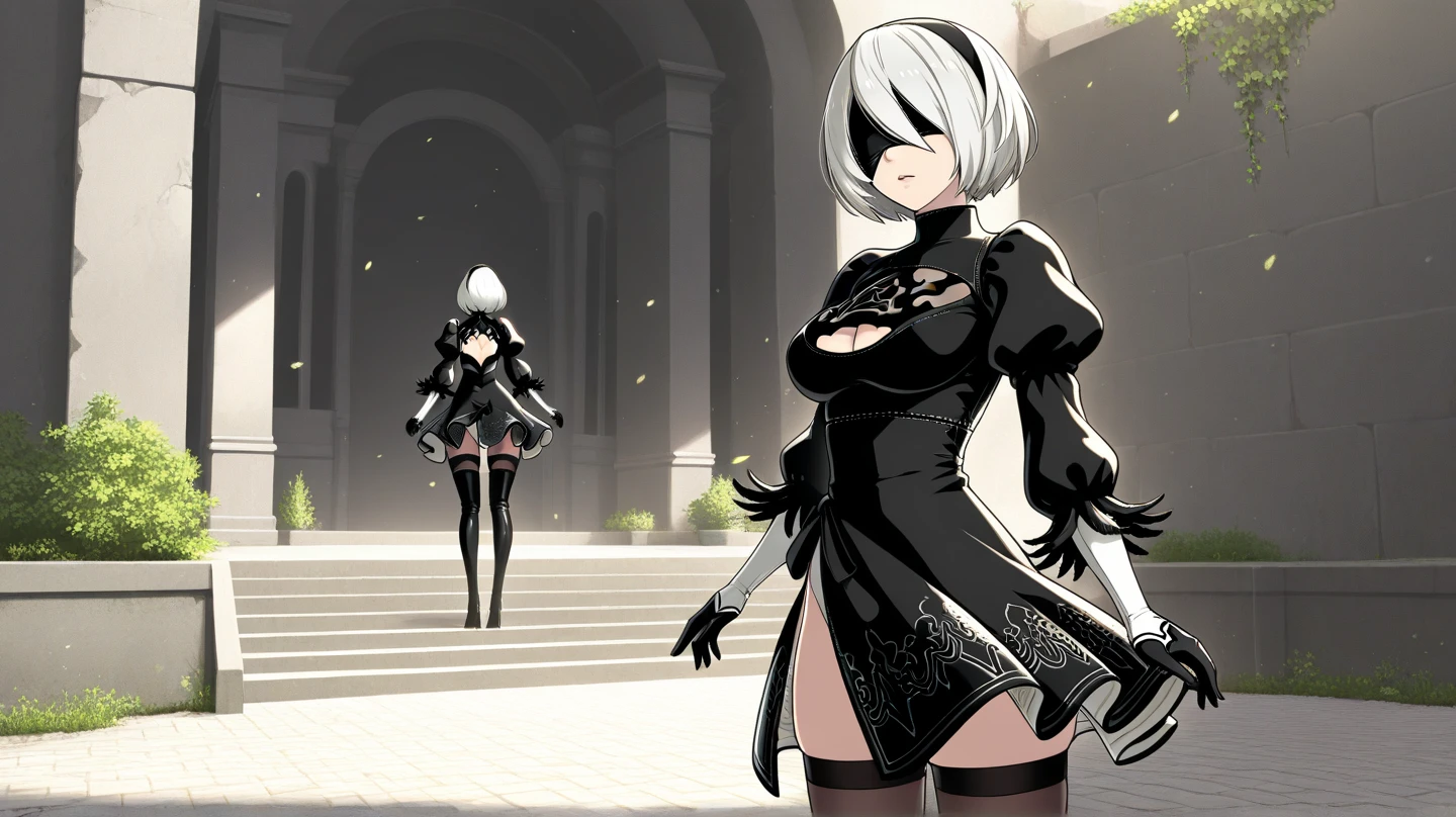 Nier automata, 2b, eyes covered, showing armpits and pussy,half naked, forest backgroud.