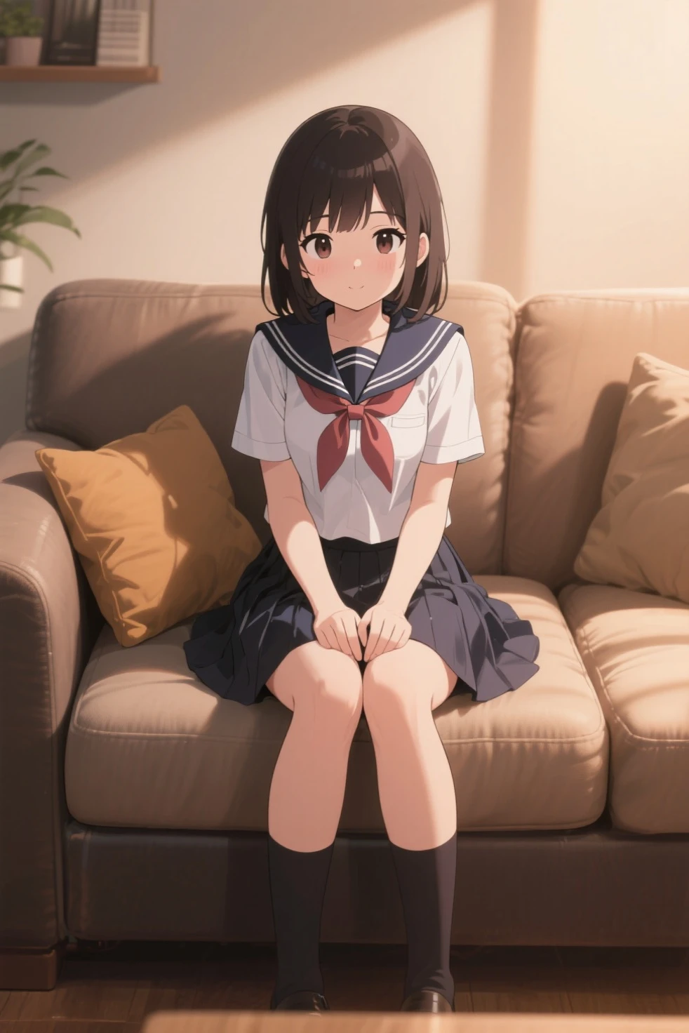 Girl with short black hair wearing an asian school uniform sitting on the edge of a bed, matress bending beneath her weight with a light smile