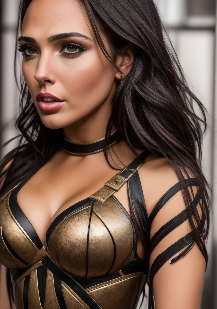 A girl with long copper hair wearing a black and gold Amazonian costume with a black leather combat staff on her back, a brunette with amber eyes, a thin pink mouth, defined features with a large bust and a black woven choker with a red crystal in the middle. with golden edges