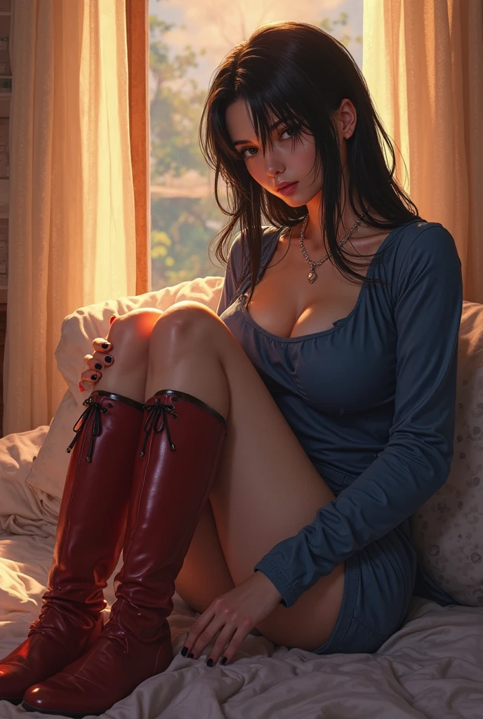 masterpiece、Top image quality、One Black Woman、Beautiful woman sitting on the stairs、Legs wide open、Hands between the legs、weddingdress、Detailed facial expressions、Detailed eye、Detailed nose、((Detailed red lips))、((((爆乳))))、Female proportions considered everywhere、Skyscraper District、Sunset between buildings、Large circular earrings、beauty legs