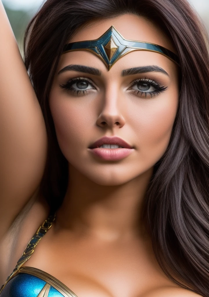 modern movie poster of (ohwx woman:1.0) wearing a superhero costume, <lora:jolie_lora_sdxl_v1:1>, wearing excessive makeup,Blush,Mascara,Eyebrow pencil,Eyeshadow,Eyeliner,Lip liner,Lip gloss,(Dramatic lashes:1.3),Cut crease,Ombre lips,Graphic eyeliner,extreme makeup, eye shadow, lipstick, excessive makeup