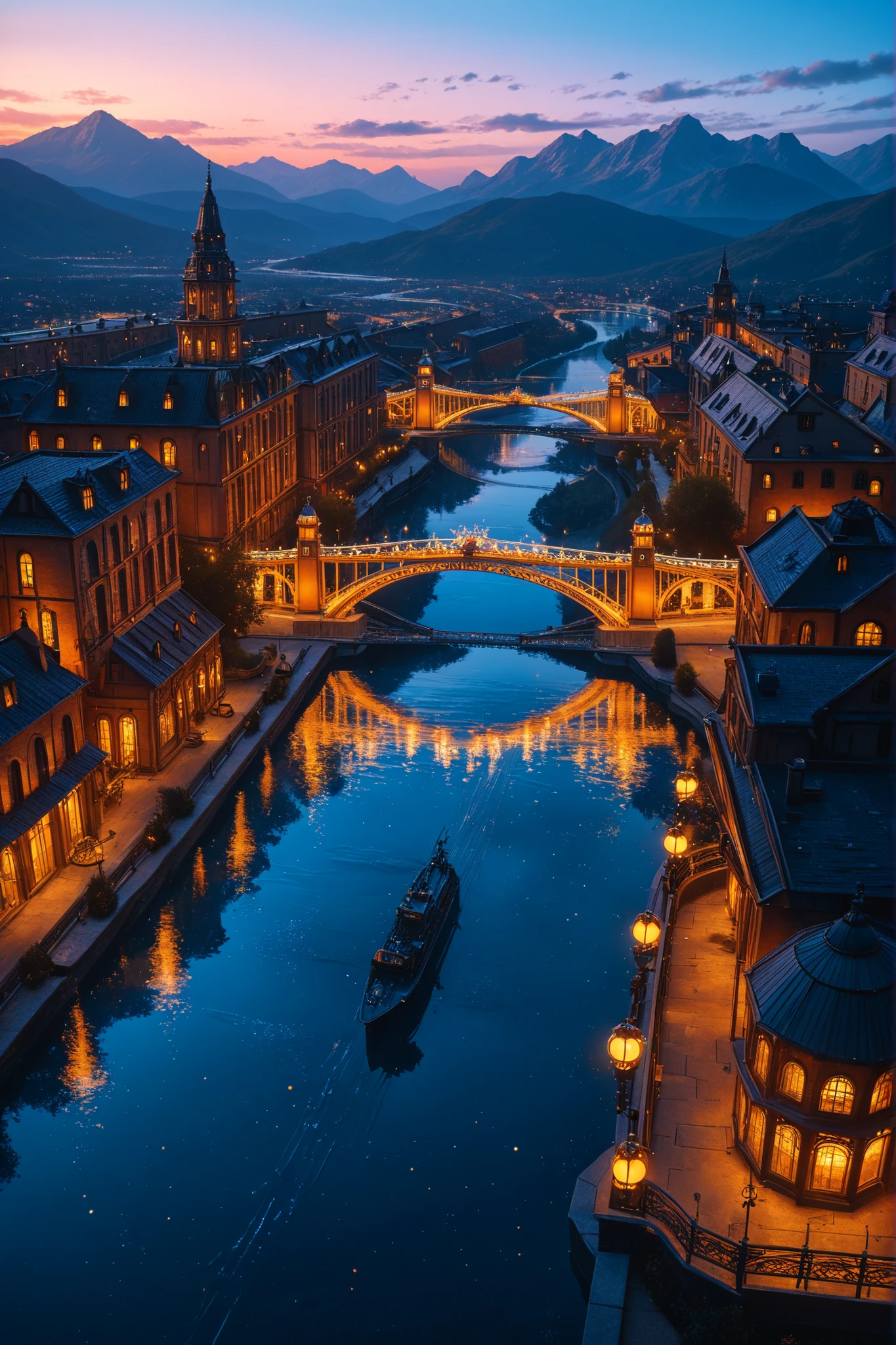 Enchanting factory night view, Vast building, Shining Bridge, Smoky Chimneys, Light reflecting in water, Distant Mountain々, bright colors, High Angle View, Wide angle view, Deep Depth of Field, with sharp focus on foreground and background, evening atmosphere , Artificial Lights with Cool Tones