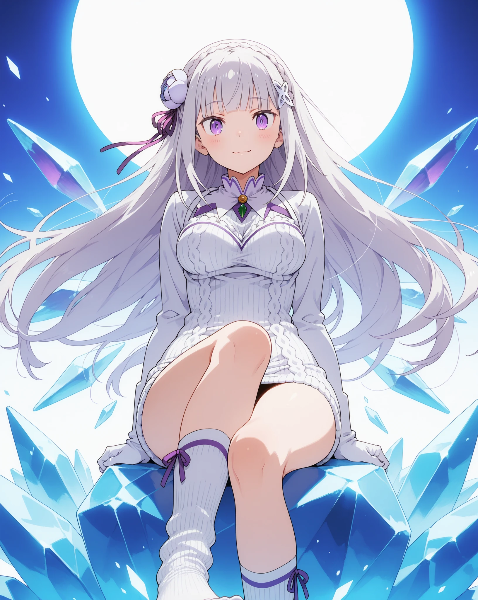 Re:Emilia, cheerful and perky atmosphere {x} slightly glancing spoiled looking {x} , ice patterned hair accessory, brightly lit light display, Knitted white sweater dress pink ribbon details, matching socks at hip level white gloves , above the knee white socks, stripping socks, with foot extended to the viewer sitting sideways, cheerful and perky atmosphere, light white background, front view angle, here , still displacing the anime character.diagonal shooting angle, clear focus on the character,