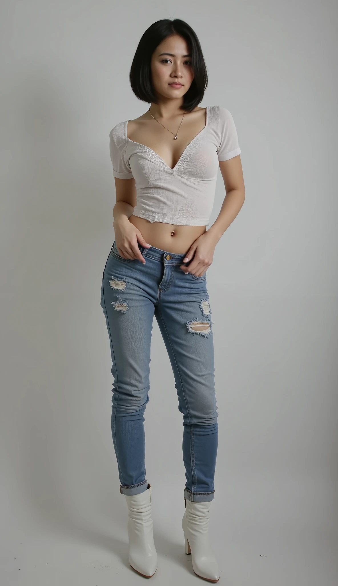  A photo-realistic 8K shot. 1 beautiful chinese young girl. light sheer bra. deep v cut tight jersey top with off shoulder reveal light sheer bra. pull jeans . back pose. open legs apart. knee apart. white high boots. stretch light color tight leotard long tight nude blue denim long pants (bottomless hips). backless. nude topless. full body view. sharp focus on face. full body shots . left side medium short straight hair. full body view. open legs. legs apart knee apart soldier stance. white indoor expo. sexy elegant back pose. face looking back. white cotton bra. sexy legs. white high boots. back pose. looking back through shoulder. knee boots. knee view. back pose . open wide legs. military stance open legs apart. city street view. outdoor. back pose. back view. looking back