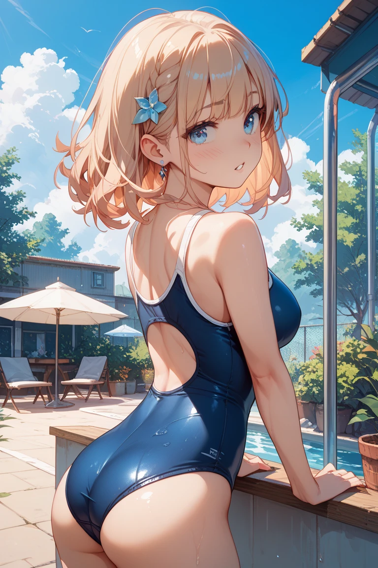 top-quality、Slender beauty、straight haired、very short hair of golden color,、White knee-high、hi-school girl、Pink School Swimsuit、s ass