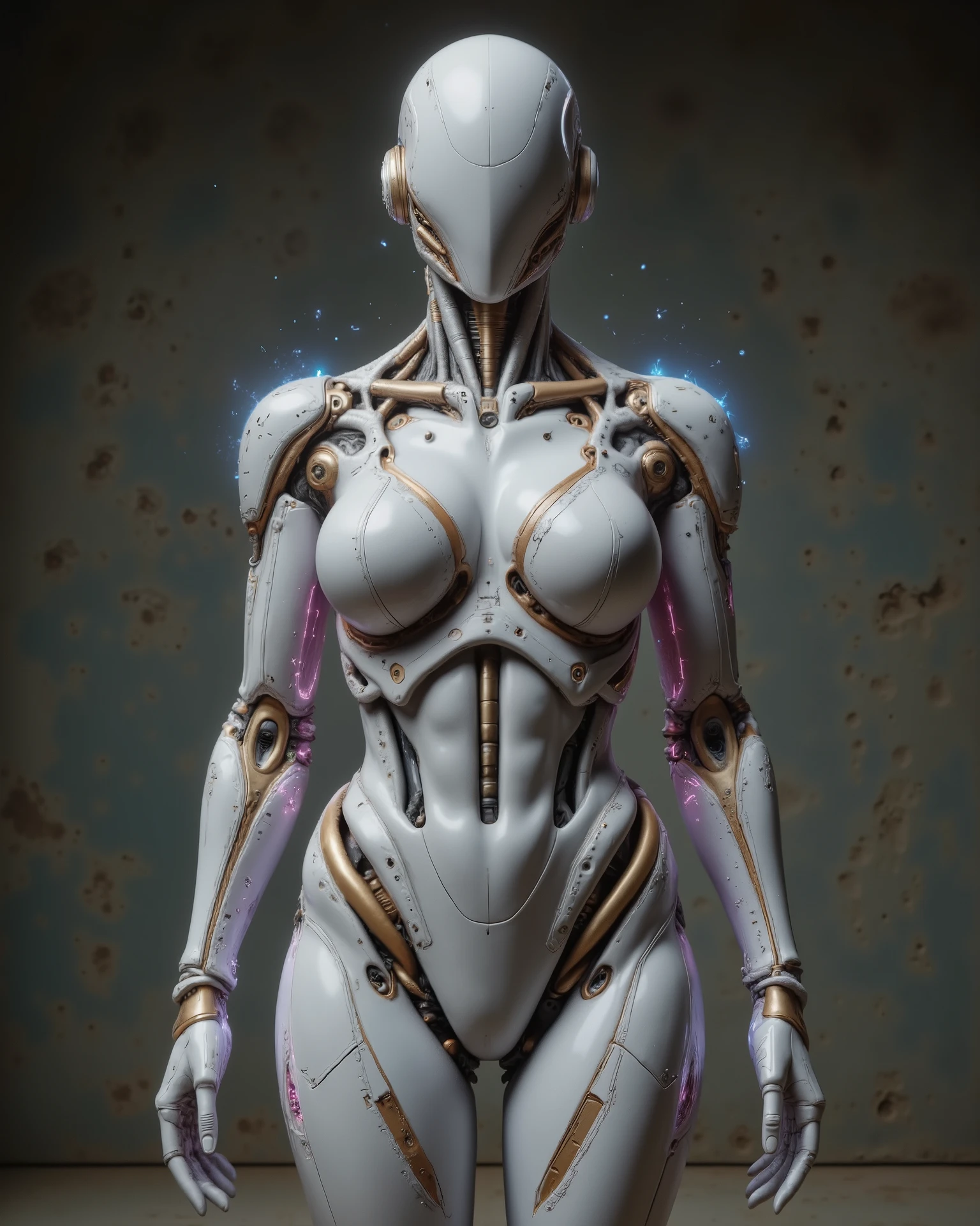 A highly detailed futuristic female humanoid robot with an athletic, graceful build. Her body has a sleek, porcelain-like surface, primarily white with elegant gold accents. She features glowing neon elements in soft blues and purples, and parts of her arms, legs, and torso appear as semi-transparent holograms with intricate digital patterns. Her design blends advanced technology with an artistic, almost ethereal beauty. The background is simple yet visually striking—such as a dark gradient with glowing particles or swirling magical energy—adding a touch of fantasy. Soft, ambient lighting emphasizes the glossy ceramic texture and the glow of her holographic components