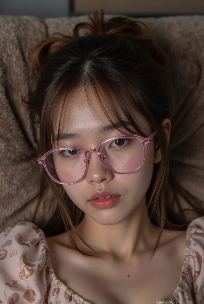 photo Realistic:1.2, 最high quality, 最high quality, Ultra-high resolution, RAW Photos, Realistic, Bright lighting, Face Light, Smooth Professional Lighting, Looking into the camera, alone, (Perfect body structure):2.0, Adult female, ((Japanese,)) (((Beautiful woman))), (((Super Beauty))), Realistic skin, Moisturized Skin, (Realistic eyes and faces):1.9, Perfect model body shape, Beautiful Eyes, Big eyes, Inconspicuous tear bags, slim, Big Breasts:1.3, very good, No makeup, Beautiful fingers, Very short hair, Brown Hair, Brown eyes, (Looks happy), (Both ears are covered by hair), Cowboy Shot), (Glasses with pink frames), (((Biomechanical))), (((White Dress, Frills, race))),(((white race panties))), (((Bedroom))), Sit on your knees on the bed:1.8, Spread your legs:1.9, masterpiece, masterpiece, Anatomically correct, Attention to detail, high quality