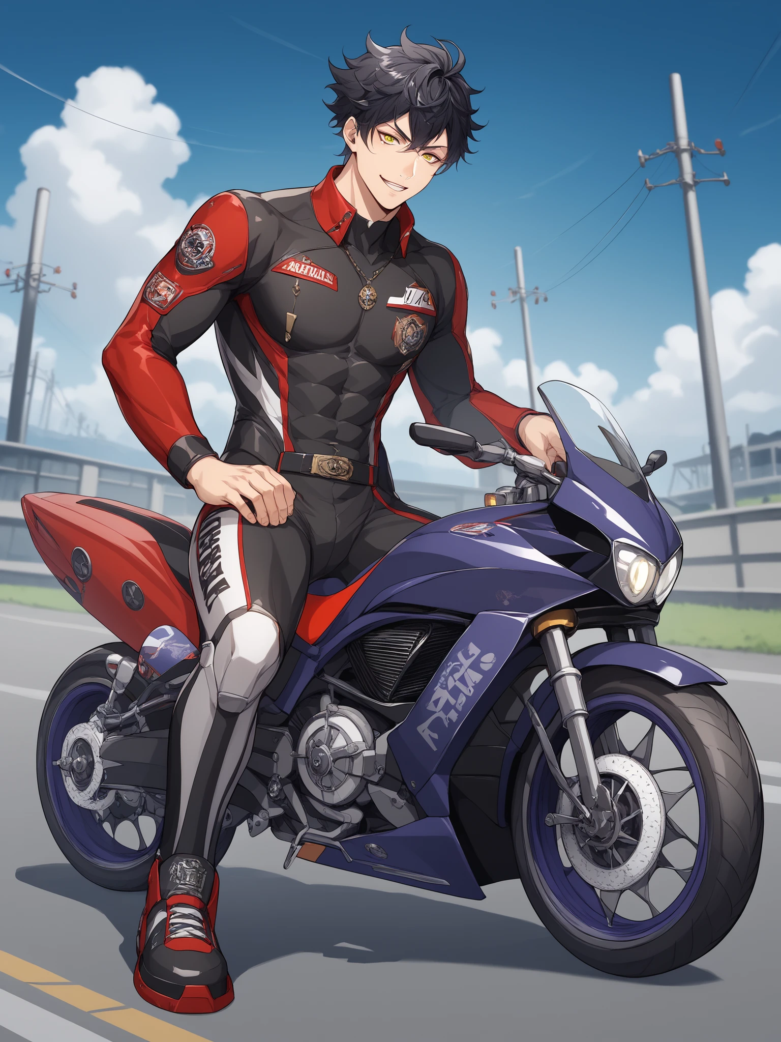 Greatest Masterpiece、Anime man with thin black hair, yellow sharp eyes, emotionless and cold personality. Has one purple highlight, flowing hair, solo, ready for handsome boy riding a superbike from the near future、motorcycle that runs on a jet engine、Turn a curve、attitude of hanging on、full body esbian、futuristic bike suit、sharpness、wind、without your stomach sticking out、Ultra high definition 、Running line of light、
