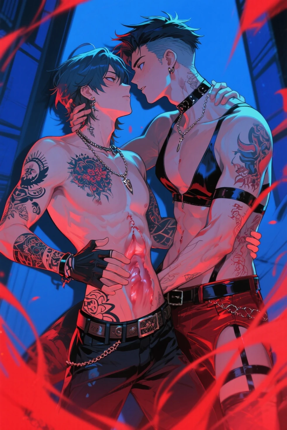 Two men,seminude,only in panties,Abs,full bodyesbian,Perspectiva subjetiva,Royal blue eyes,Lick lip,Gradient gray hair,complementary colours,lightand shade contrast,style of anime,high detal,8K,The is very detailed,acurate,best qualtiy,anatomy correct