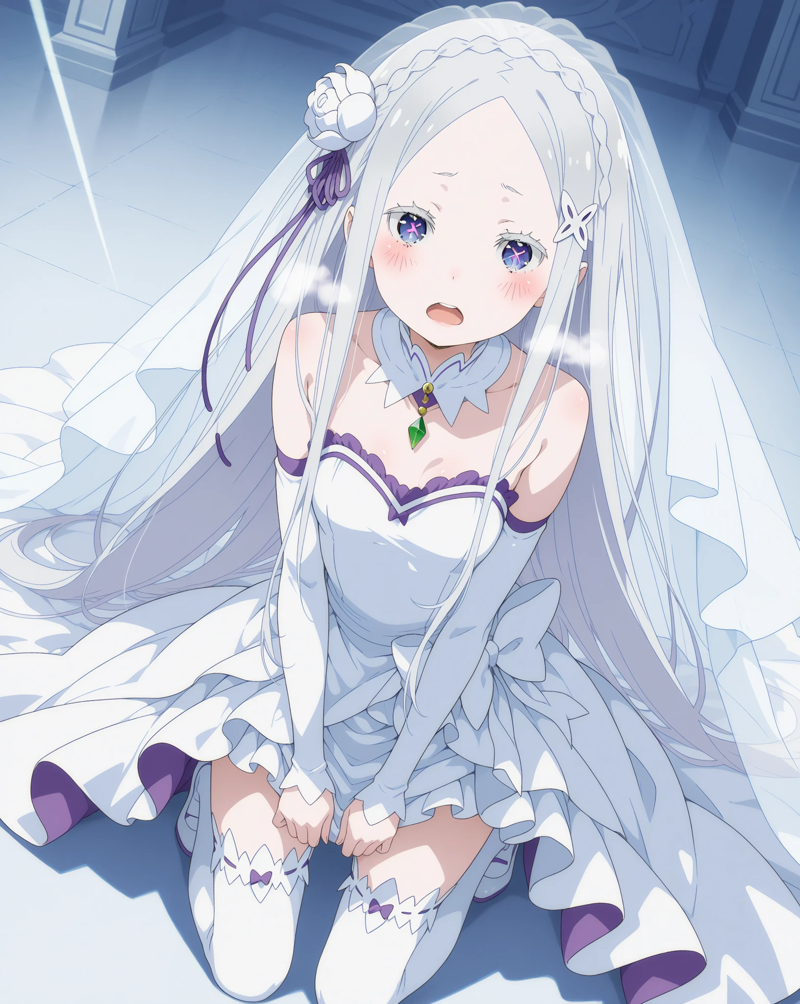 re:zero, Pandora is so embarrassed, the face is reddened, deep breathing, open mouth, decorated with vivid white and black color scheme lines {x}, above the knee white socks, kneeling pose, decorated with lines , dressed in a white wedding dress, cool and fun atmosphere, diagonal shooting angle, clear focus on the character, anime illustration style, creates a calm and intimate atmosphere