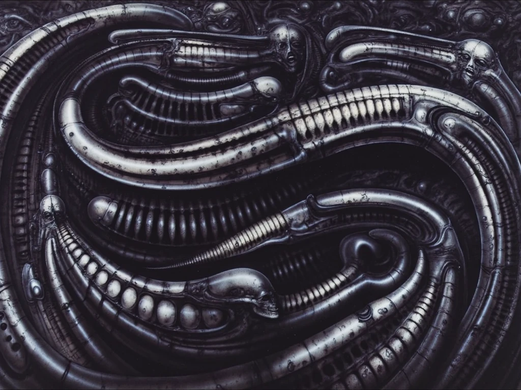 g1g3r, The image is a detailed view of H.R. Giger's biomechanical tableau \" LANDSCAPE No 312 \" plate, featuring
a complex, intricate, and detailed design of endless Machine in the transit spaceover the cascade of fallen water, that appears to be a fusion of organic and mechanical elements, with a focus on the interplay between the two.The piece is a tableau, most likely created with a India ink pen or pencil on paper, determined by the thin lines, shading techniques, and the texture of the paper, which is visible around the edges.
Used is pen, given the shading and variations in line weight visible in the image. Artist have used a variety of stylus with different degrees of hardness to achieve the shading effects.
The use of undersaturated green-grays dark contrasts creates a stark and graphic look. Is used a variety of linework techniques to create different textures. Fine, parallel lines create a smooth, metallic texture,while thicker, more cursive lines suggest cables or wires.
Light source from the top highlights skeletals, pper part of foreground, lower part of image is in shadowupper part of foreground, lower part of image is in shadow.
The art performance showcases the artist’s skills in observation and rendering. The level of detail in the piece suggests a close study of real bone specimens and mechanics. The artist has skillfully used shading techniques to create a convincing illusion of three-dimensionality on a flat surface. The wrinkles and cracks in the surface, and the cast shadows with accuracy, used shading techniques to create a realistic depiction of light and shadow on the objects. This creates a sense of depth and dimension in the image. The artist has used careful linework to depict the contours and textures in the piece
Sharp focus on foreground elements illustration. Deep and delicate DOF. Big painting. Stored in Louvre masterpiece, ooze soaked pajama top