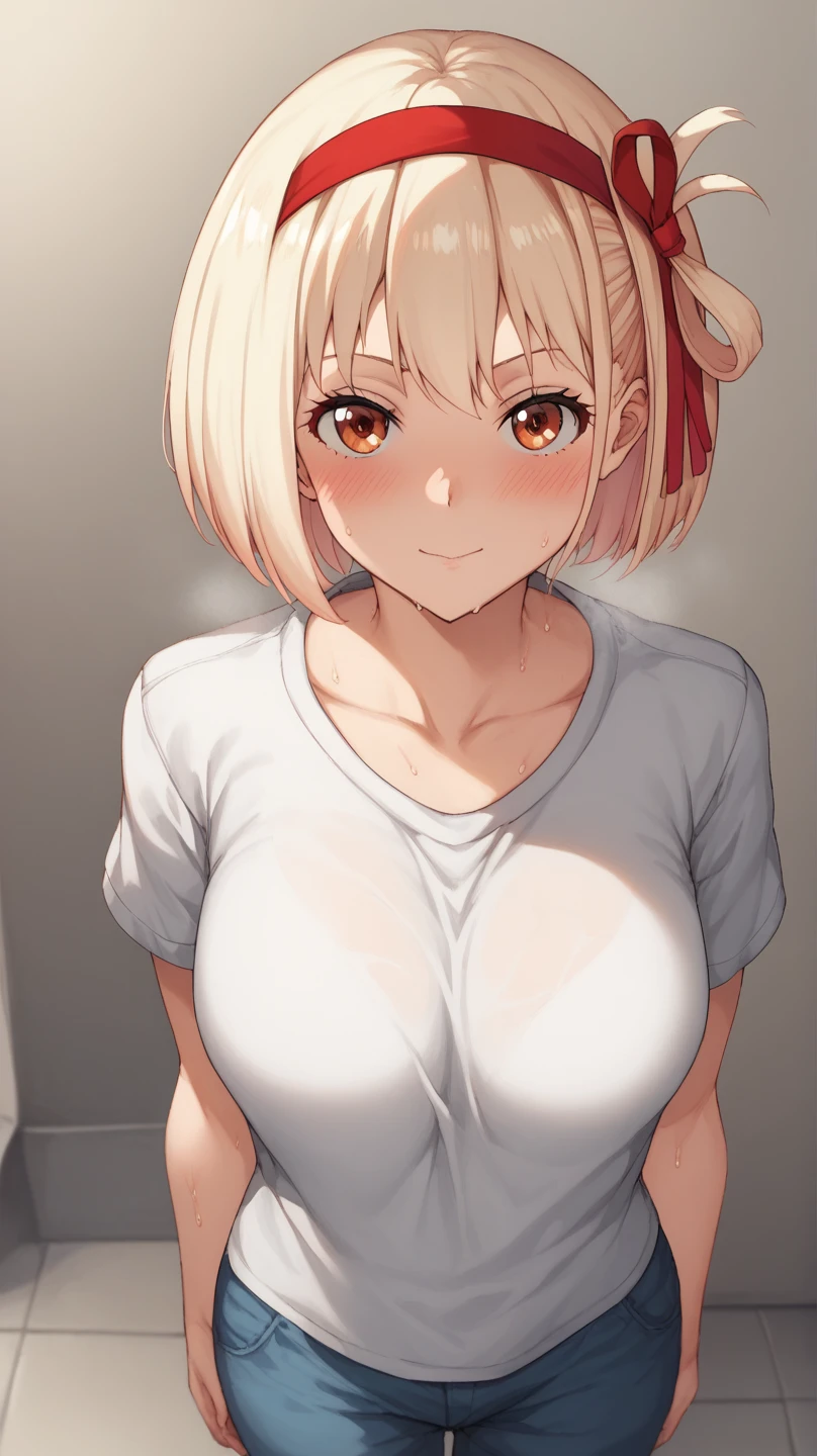 Huge breasts、blush、Sweat、In the heat、alone, one person's, Nishikigi chisato, chisato nishikigi, short hair, bangs, Blonde, Red eyes, Hair Ribbon, One side up, Bobcut
{Highest quality}, {so beautiful}, {Very detailed}, {Best illustrations},Life、slim:1.5、Upper Body、T-Shirts、Cleavage、Are standing