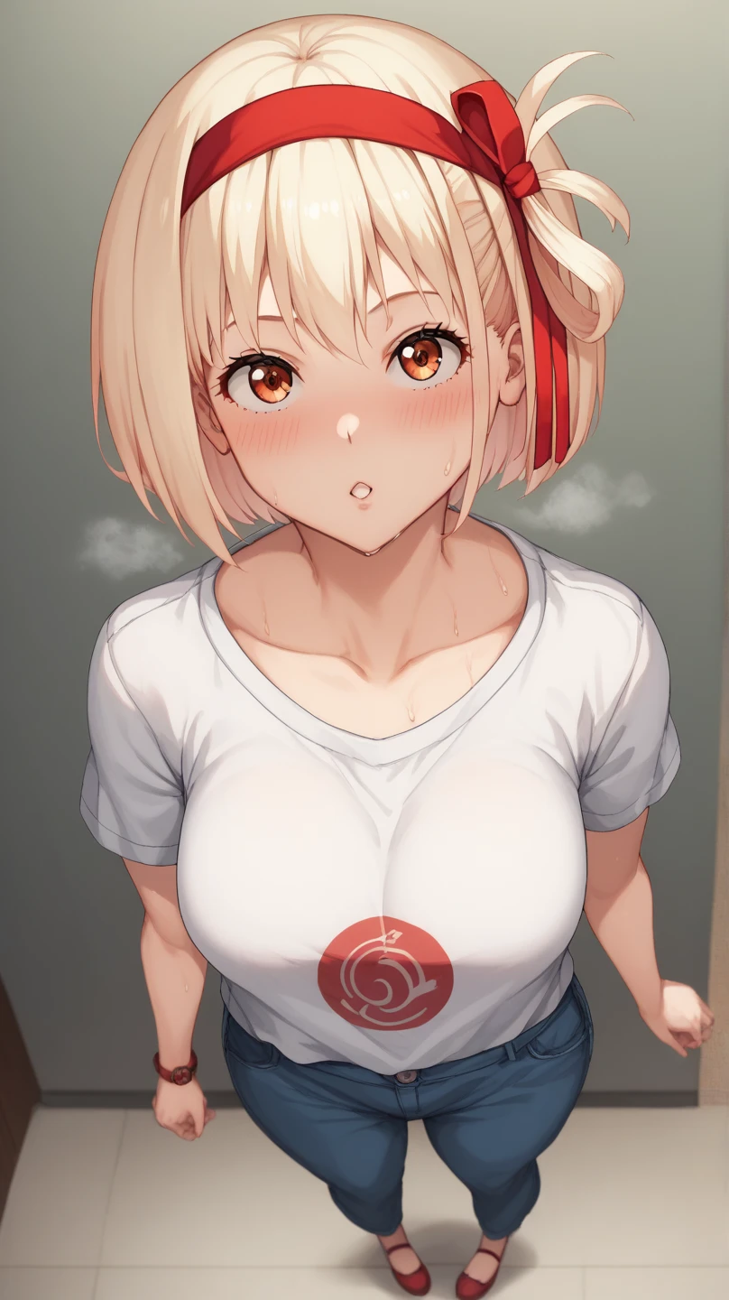Chisatoniki, Chisato, short hair, bangs, blonde hair, (red eyes:1.5), hair ribbon, one side up, bob cut,
bare shoulders, twin tails, clavicle、off shoulder sweater、Upper breastedium breasts、 stomach、panties、red ribbon, ショートtwin tails, grin and laugh,highest quality, High resolution, (shape:0.8), (fine and beautiful eyes:1.6), highly detailed face, perfect lighting, Detailed CG, (perfect hands, perfect anatomy)