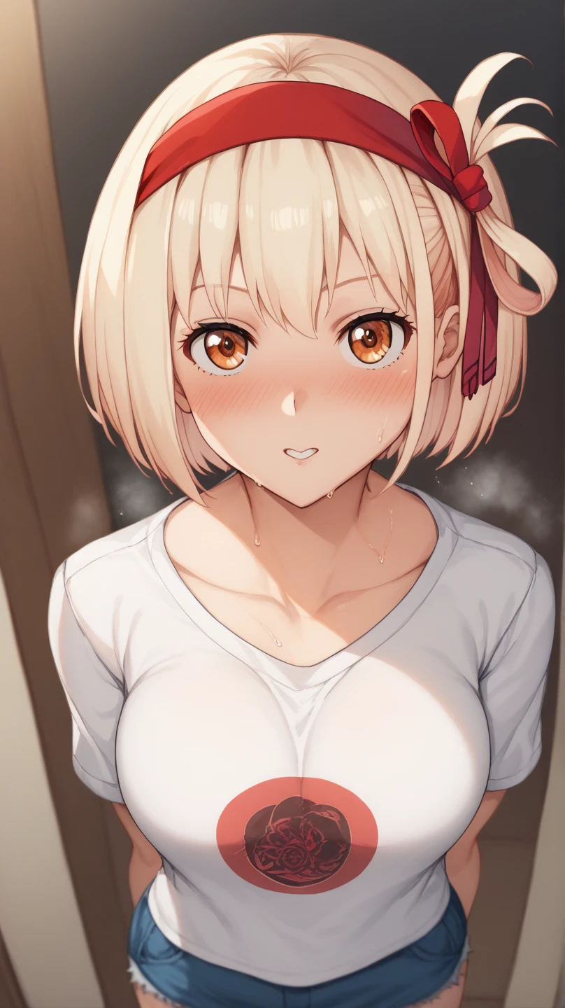 optimal,master piece,High resolution,best quality,hyper hd,super detail,award-winning,16K,solo,(Upper body),correct anatomy,Beautiful Cyberpunk Girl,cowboy shot、cute face,,blonde、bob cut、Red ribbon hair ornament、hair line,((scarlet eyes)),long eyelashes,dangling corner of the eye,white skin,((Shoot head-on)), ((white t-shirt:1.5)), ((Clocktop、)), ((transparent nipples))、rocket , (Because I'm slender)