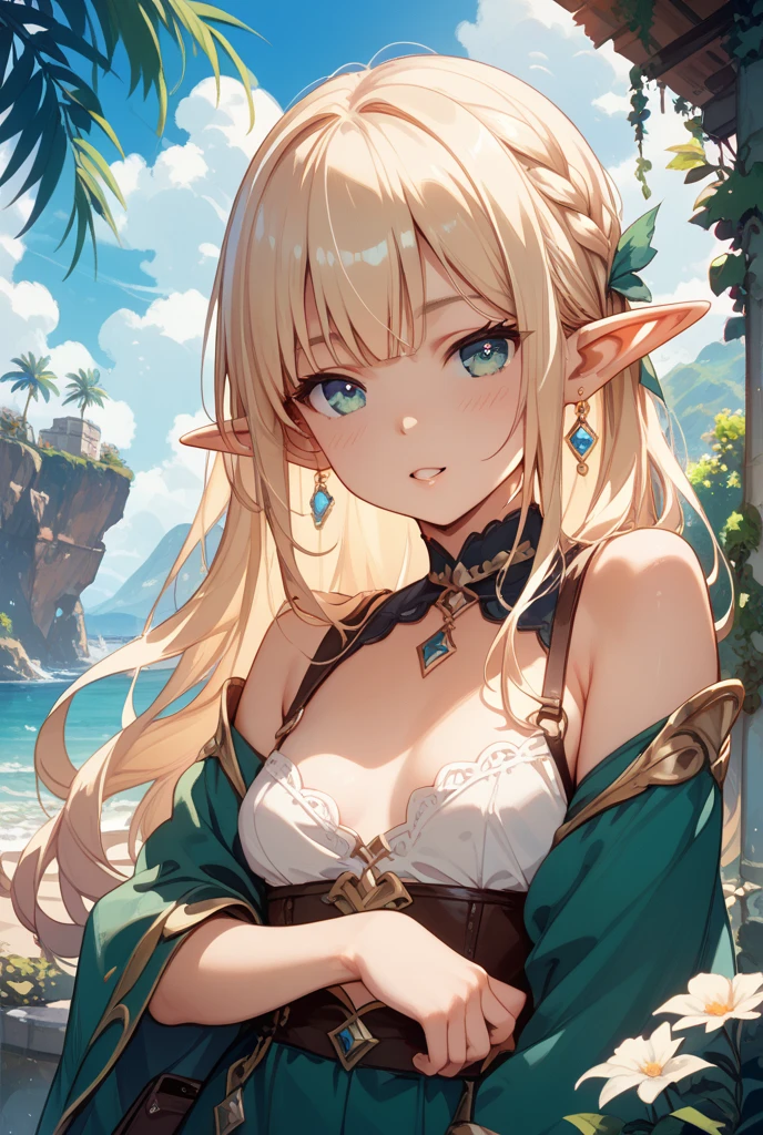 1 girl、(reach out)、(view audience)、(front face)、(elf)、(long dirty blonde)、(green eyes)、(thighs)、(huge breasts)、(small blue cloth bikini)、(lake)、smile、blush